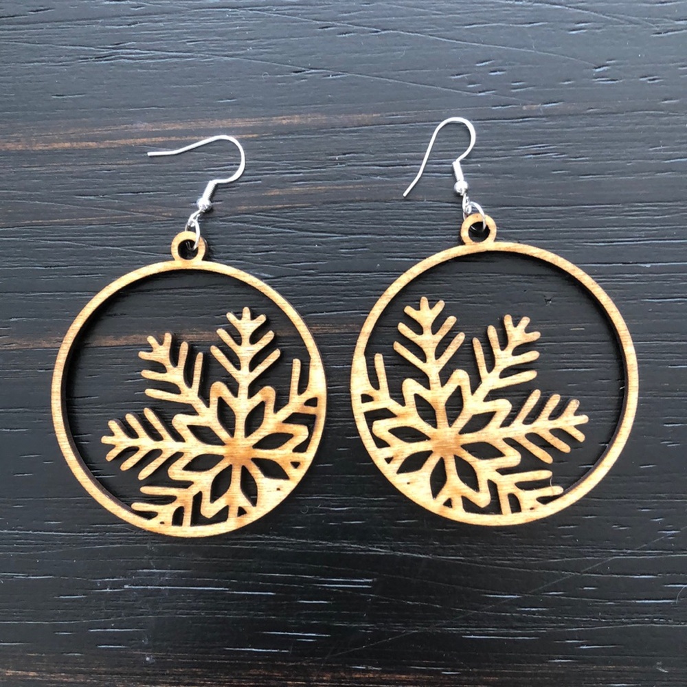 Sterling Silver Wooden Snowflake Earrings